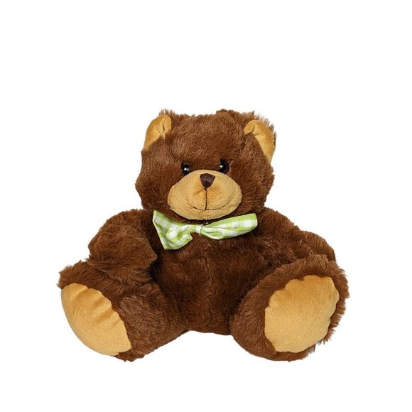 World Plush Brown Teddy Bear Plush Green Gingham Bow Stuffed Animal 9" - Picture 1 of 5